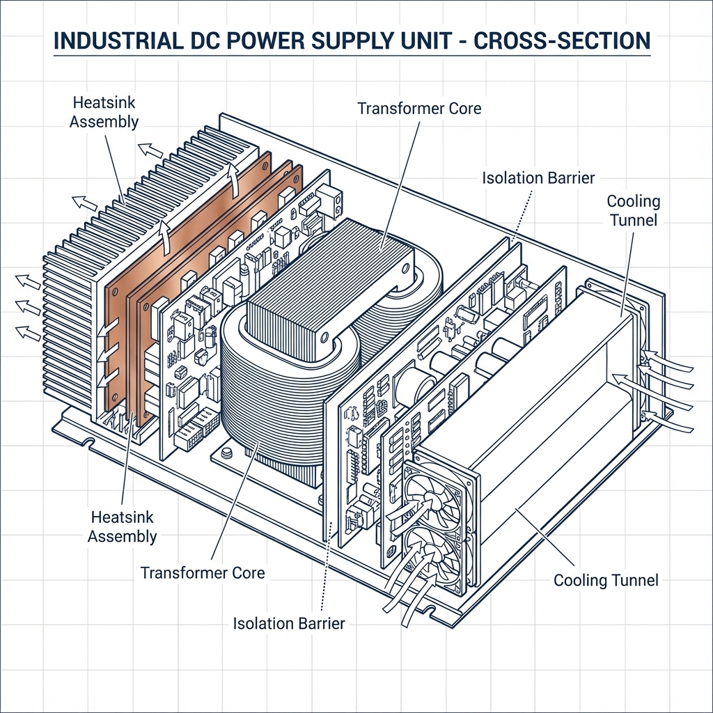 Industrial Variable AC DC Power Supply internal architecture showing heatsink assembly and cooling system